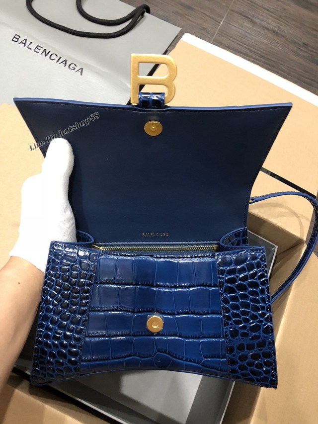 Balenciaga專櫃爆款大號手提女包 巴黎世家升級版鱷魚寶藍色金扣Hourglass沙漏包 fyj1650